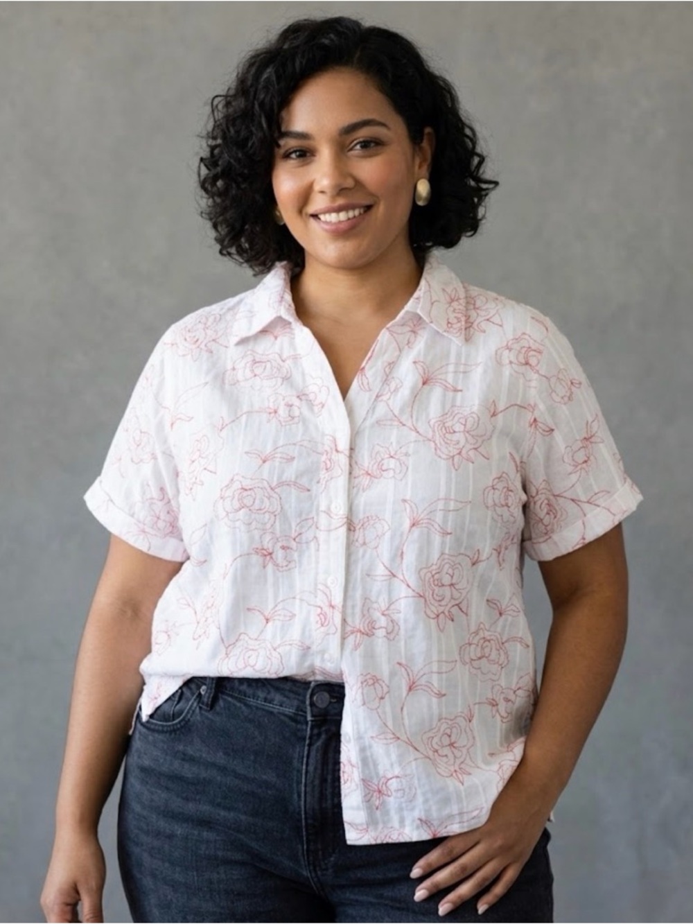 White Stag White Button-Down Shirt with Red Floral Embroidery